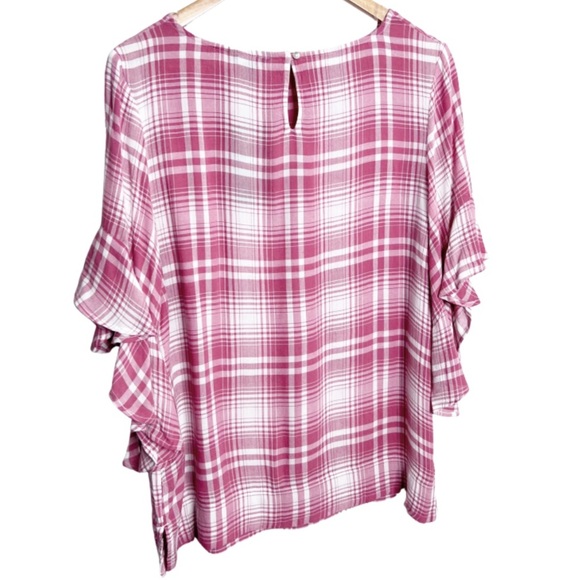 New with Tag Chaps Women’s Plaid Pink White Short Flutter Sleeve Ruffle Blouse - Picture 10 of 16